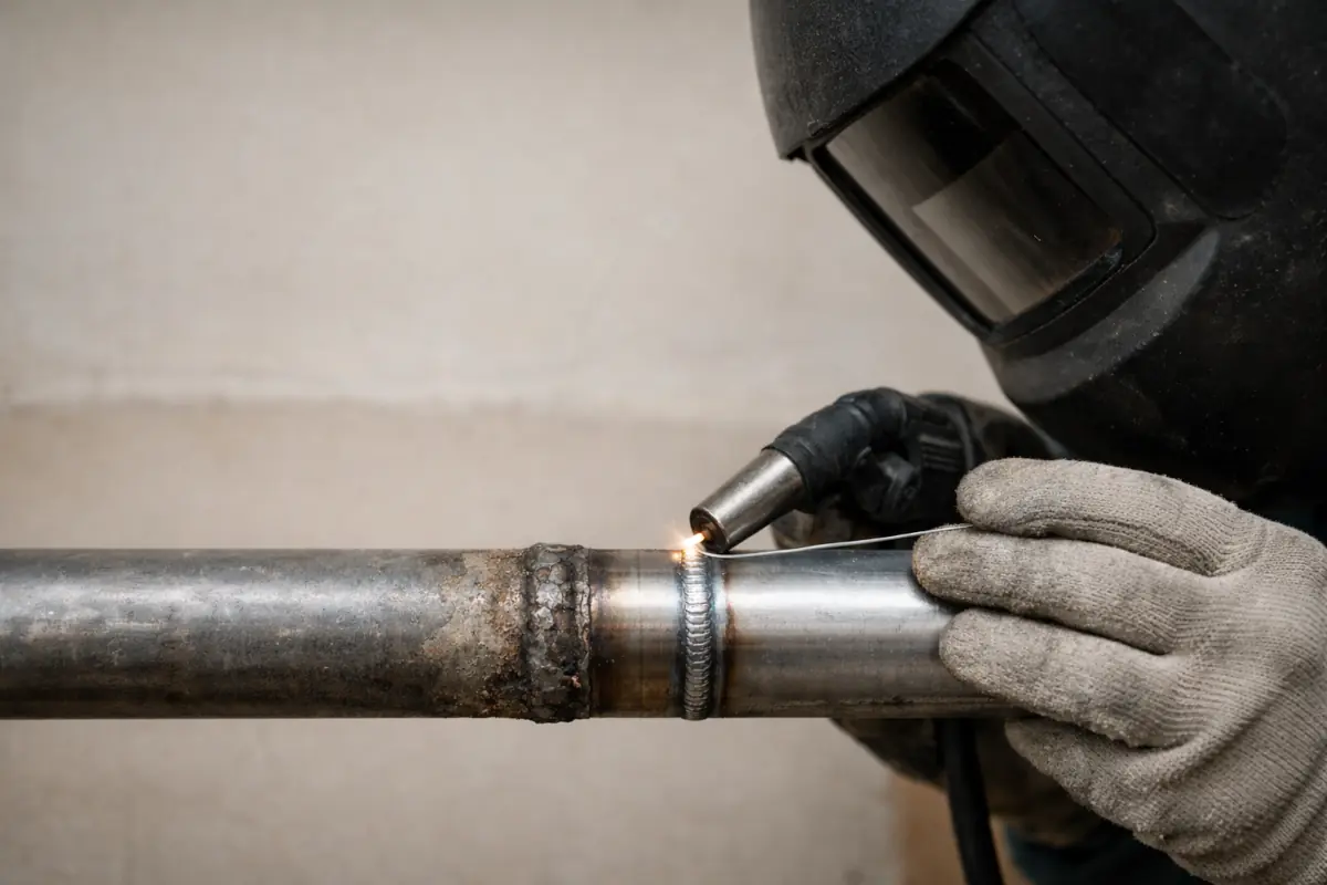 Ілюстративний приклад зварного шва на металевій трубі під час зварювання